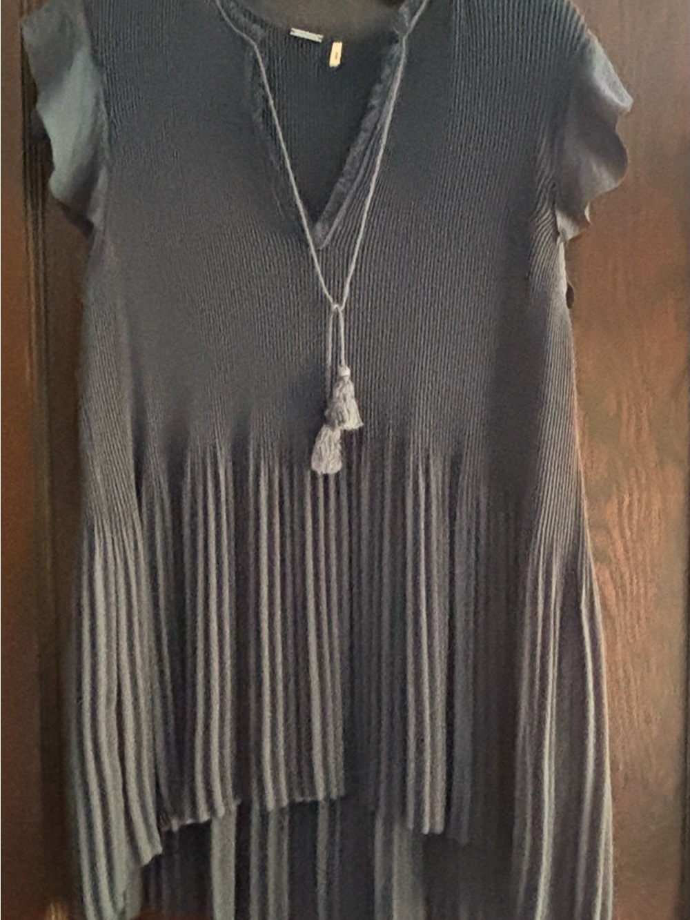 Elie Tahari Women's Navy Pleated V-Neck Tassel Tunic Top